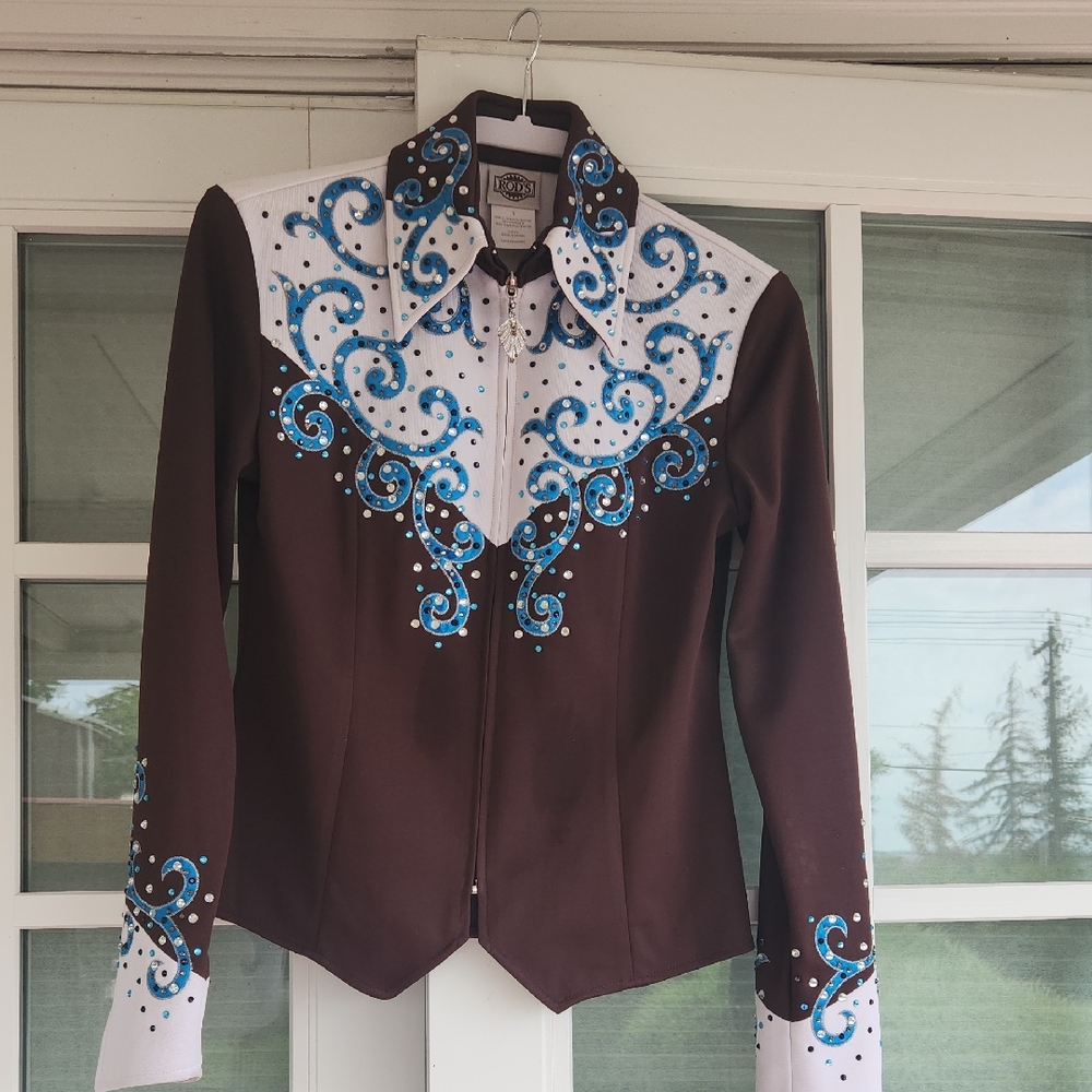 Brown and Blue Embroidered Blouse with Elegant Detailing